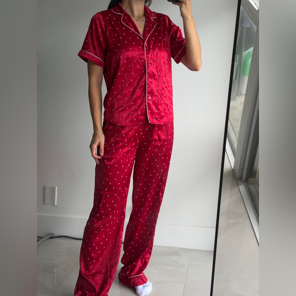 Forever 21 Red Satin Pajama Set with White Accents